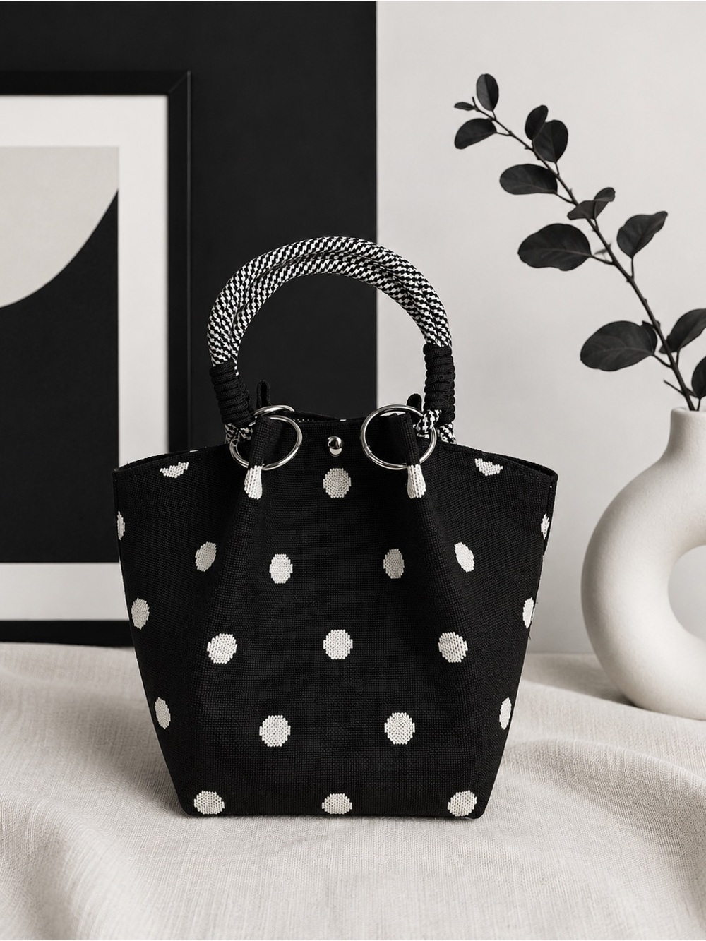 😍RESTOCKED! Black Polka Dot Mini Tote Bag with Rope Handle